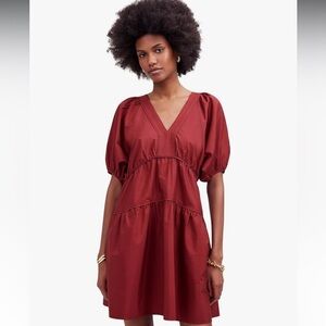NWT Sz S Madewell Claret Puff-Sleeve Mini Dress in Poplin